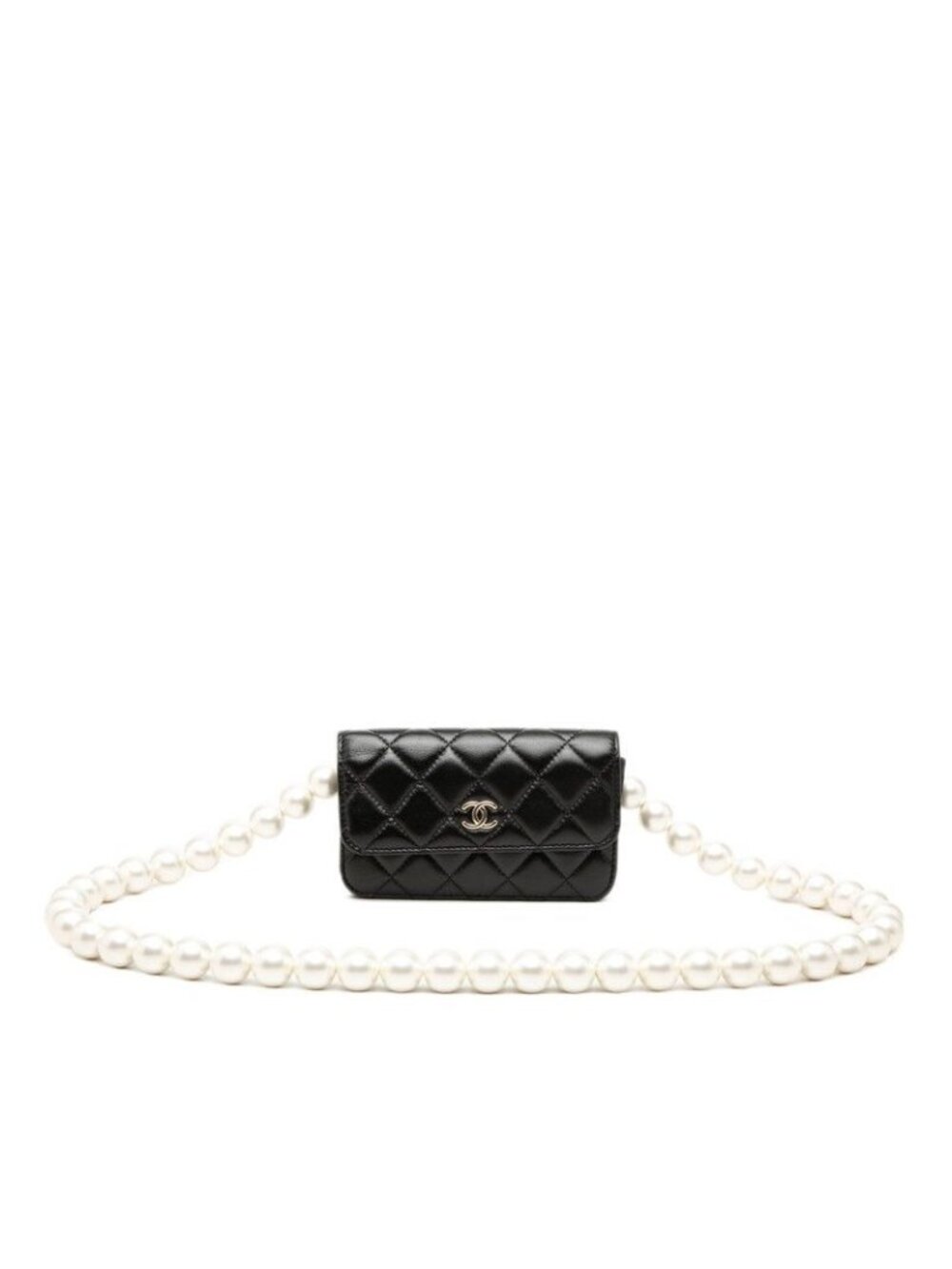 Chanel CC Logo Quilted Shoulder Bag Black Gold Lambskin Faux Pearl